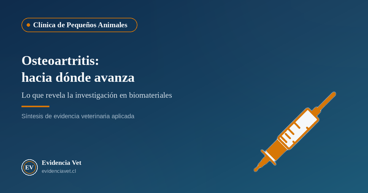 Ilustración editorial sobre biomateriales inyectables para osteoartritis en animales, categoría Clínica de Pequeños Animales