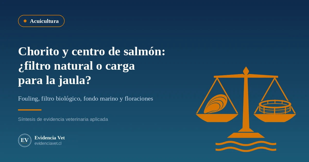 Balanza con un chorito en un platillo y una jaula de salmón en el otro