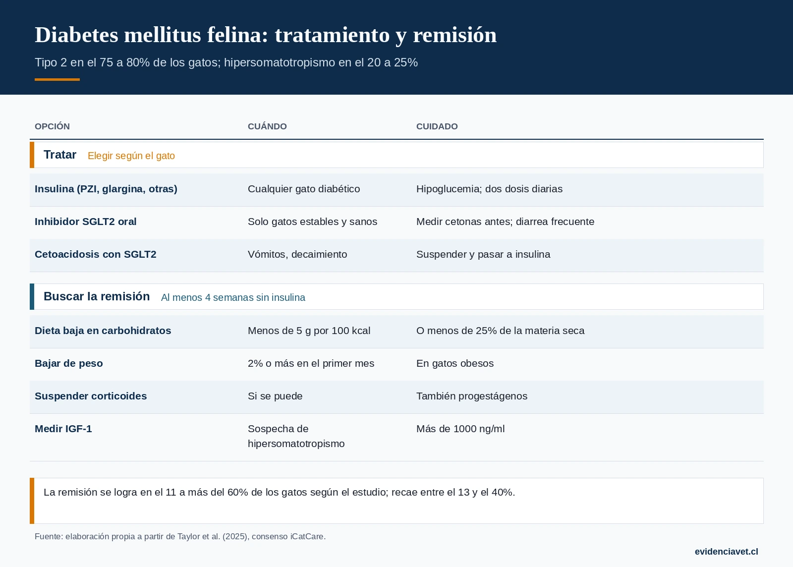 Opciones de tratamiento de la diabetes felina, condiciones para usar inhibidores SGLT2 y medidas que favorecen la remisión.