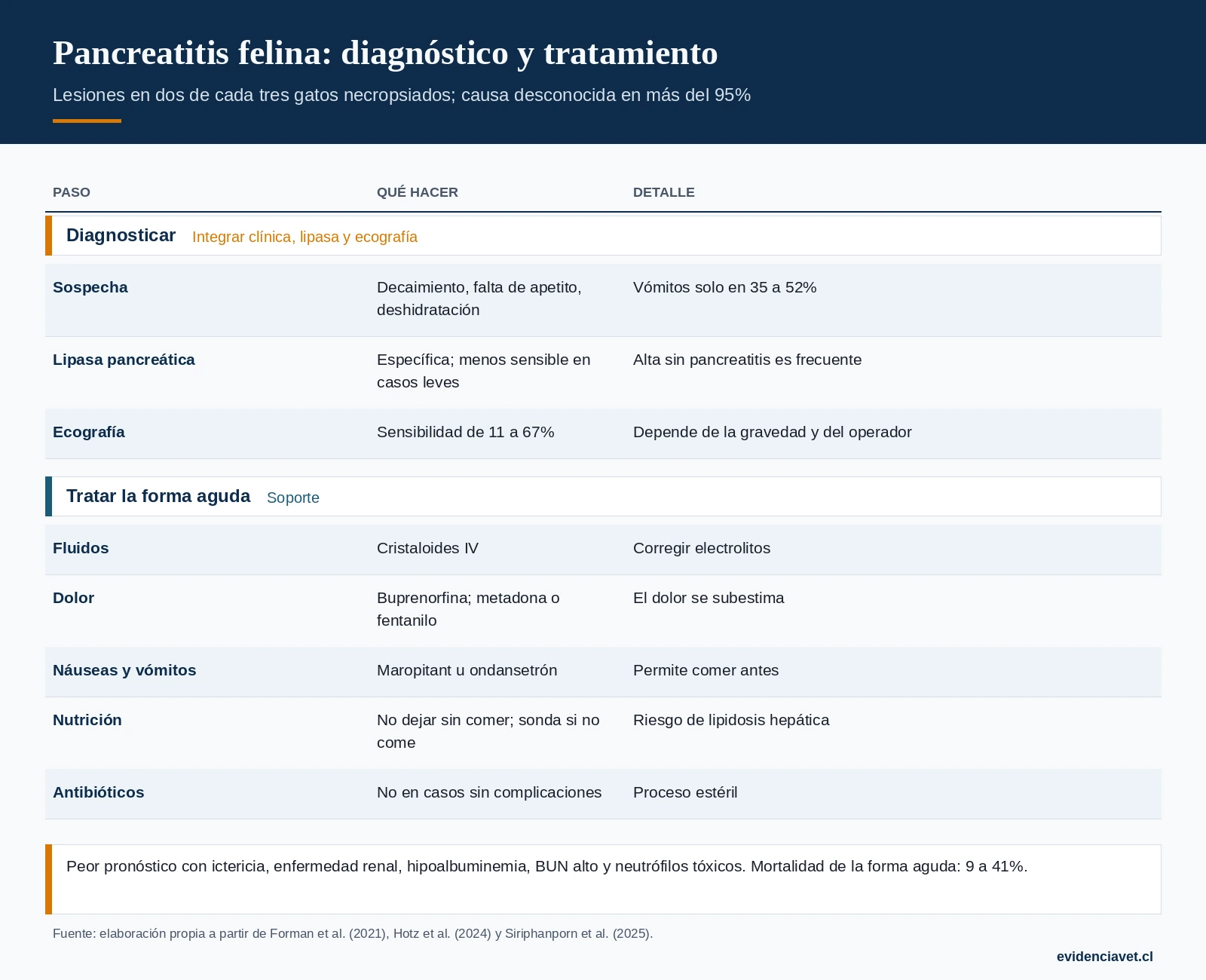 Diagnóstico de la pancreatitis felina, pilares del tratamiento de soporte y factores de pronóstico.