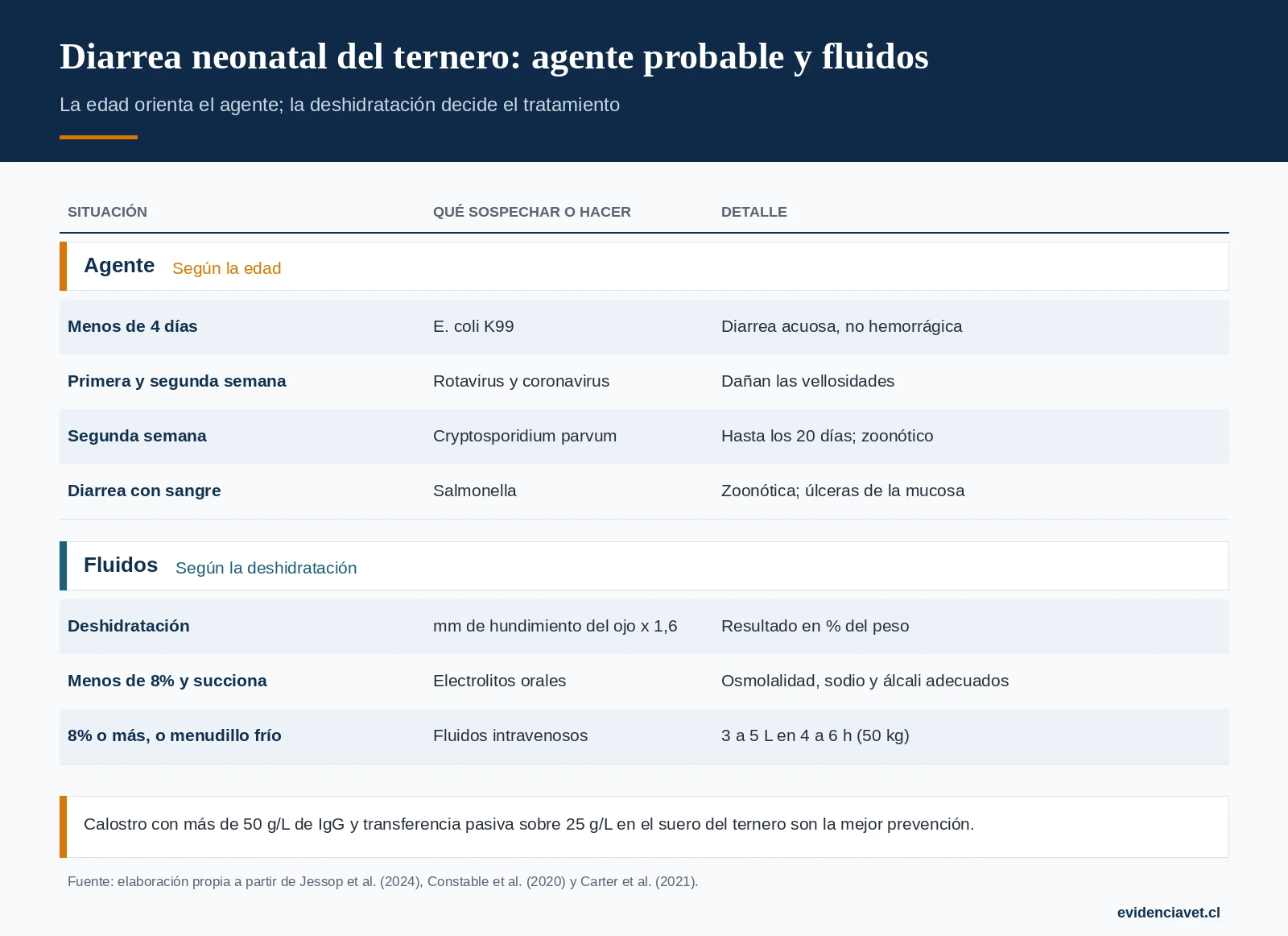 Qué agente sospechar según la edad del ternero y cuándo pasar de electrolitos orales a intravenosos.
