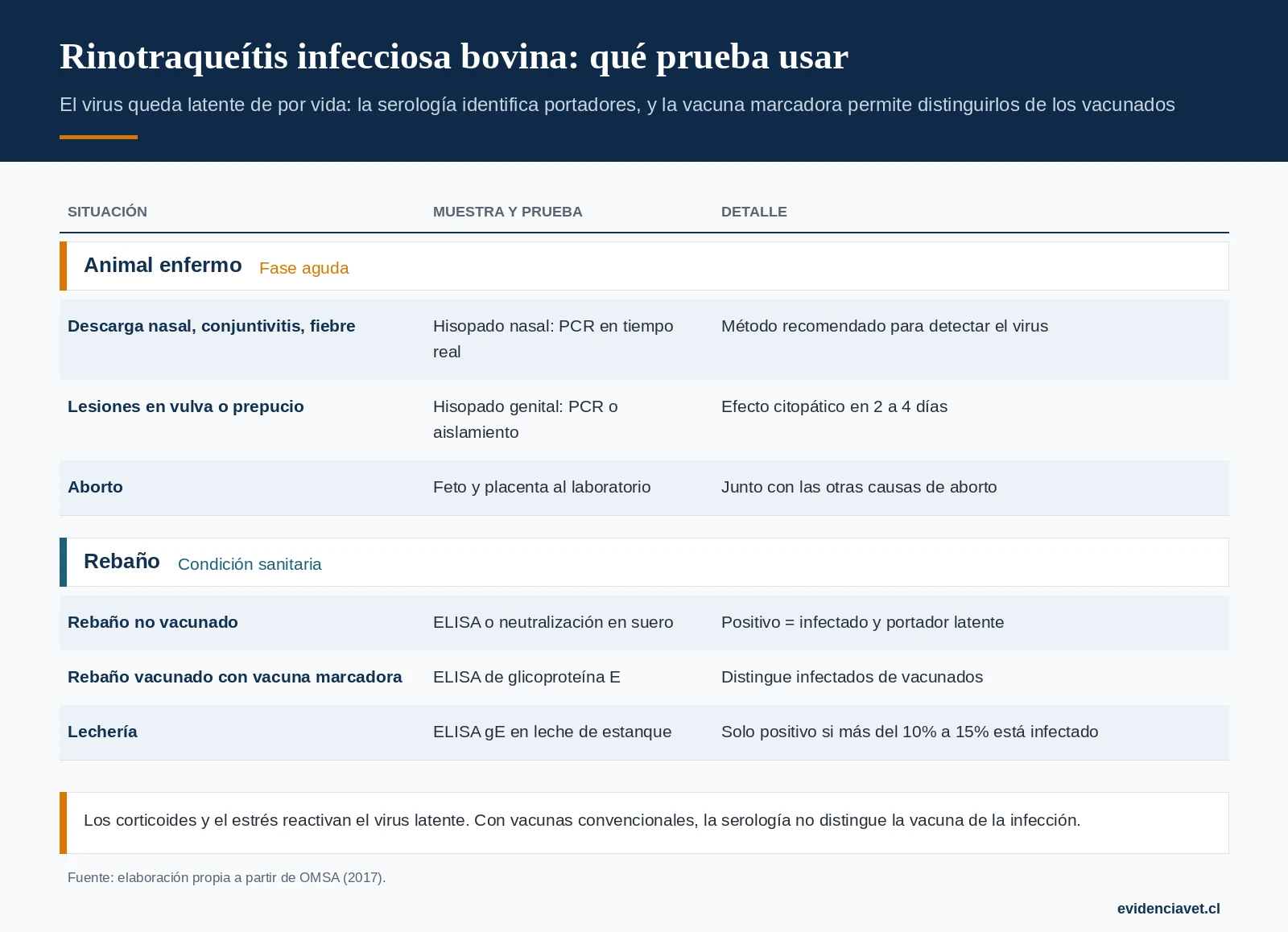 Qué muestra y qué prueba usar según la situación del rebaño, y cómo leer la serología cuando se vacuna.