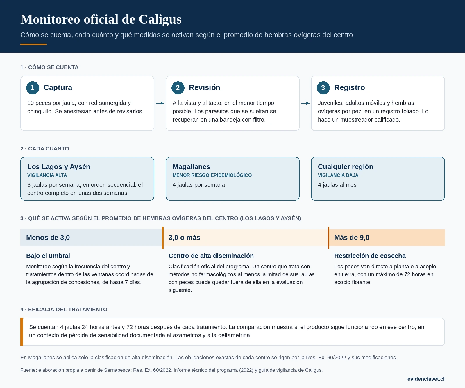 Monitoreo oficial de Caligus: cómo se cuenta, qué se registra y qué medidas se activan según la carga de hembras ovígeras del centro.