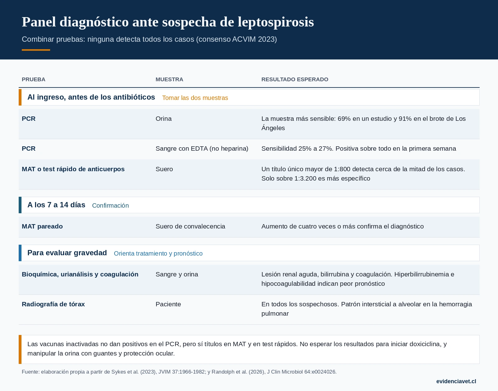 Pruebas ante sospecha de leptospirosis: muestras, momento de la toma e interpretación según el consenso ACVIM 2023.