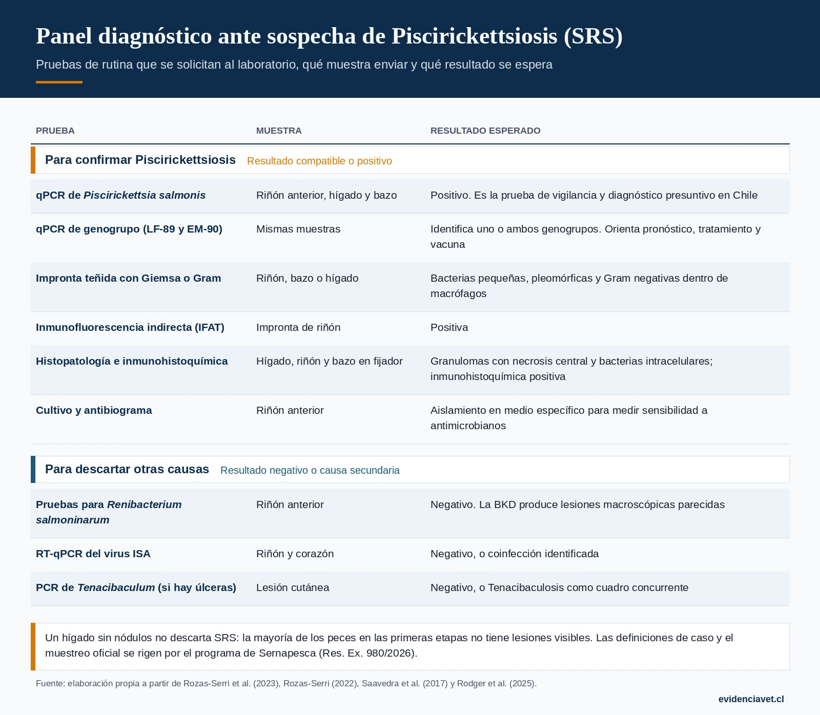 Pruebas de rutina ante sospecha de piscirickettsiosis: qué muestra enviar al laboratorio y qué resultado apoya o descarta el diagnóstico.