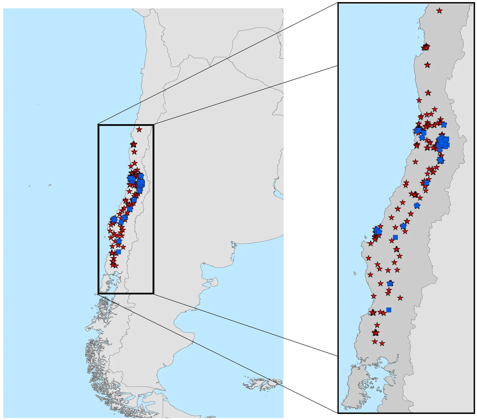Casos de rabia en murciélagos en Chile central registrados por el ISP entre 1985 y 2011: variante AgV4 en Tadarida brasiliensis (estrellas rojas) y variante AgV6 en Lasiurus spp. (cuadrados azules).