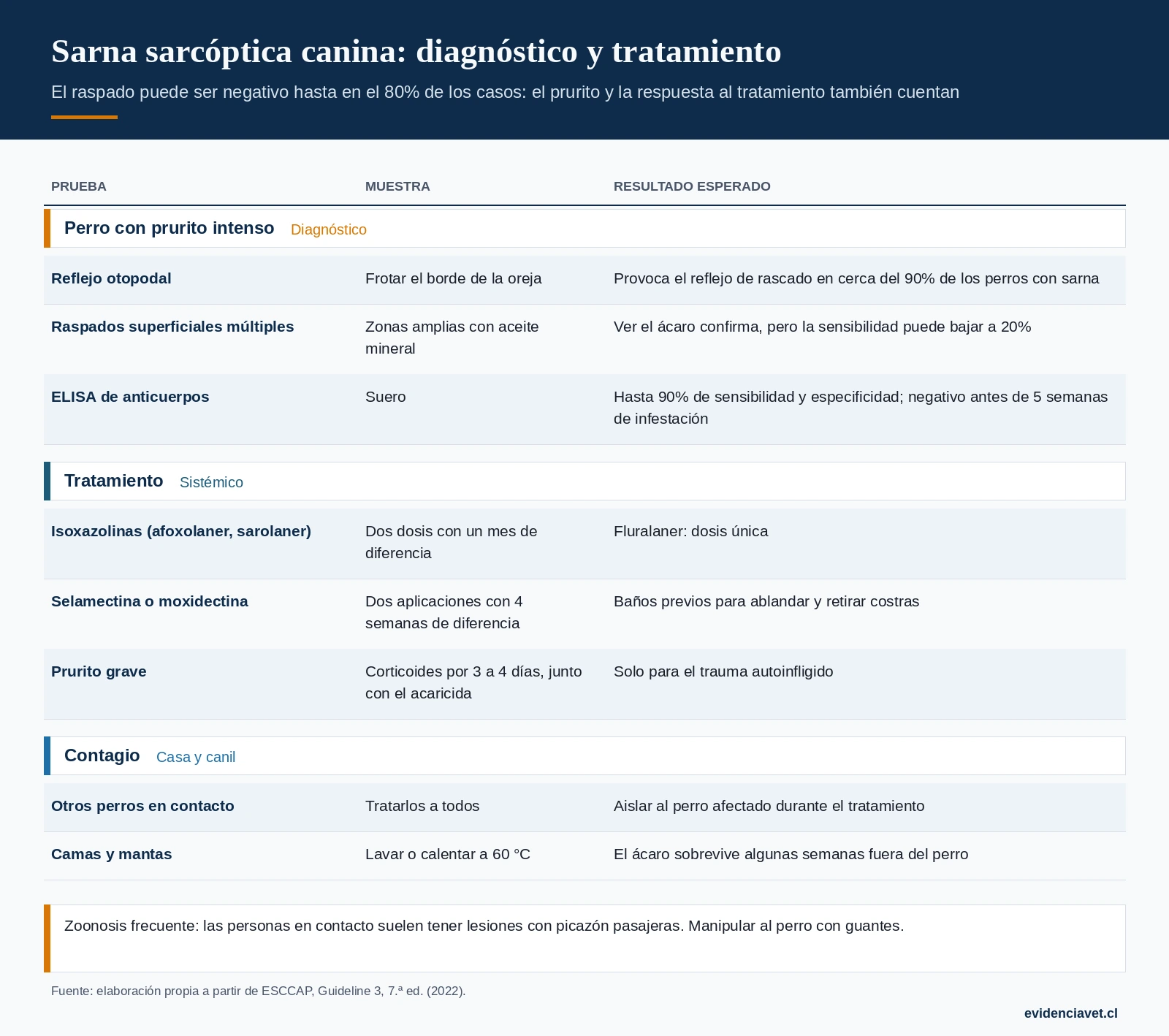 Diagnóstico de sarna sarcóptica con sus limitaciones, opciones de tratamiento y medidas para evitar el contagio.