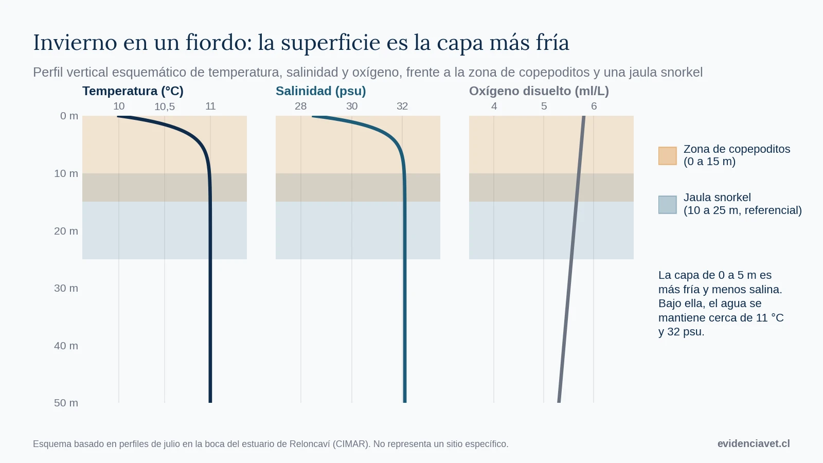 Perfil invernal de temperatura, salinidad y oxígeno en un fiordo chileno frente a la zona de copepoditos