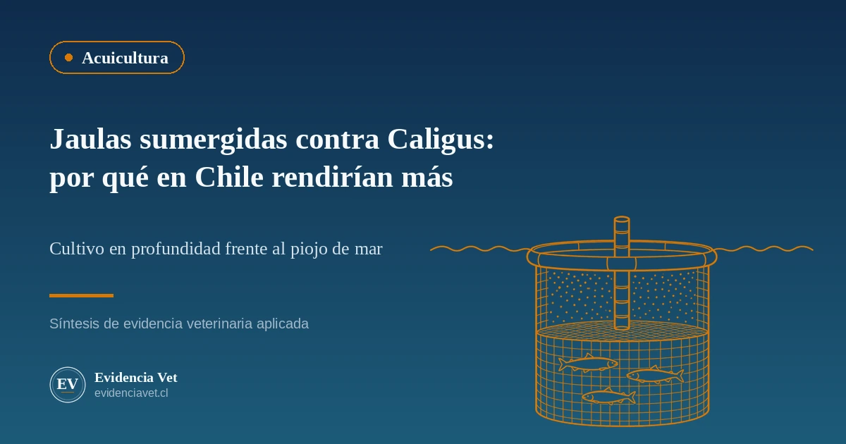 Ilustración de una jaula snorkel: aro flotador, techo de red bajo la franja de copepoditos, tubo central y salmones en profundidad